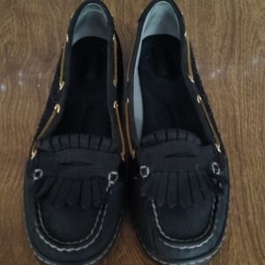 Sperry women's Black Leather/sparkle material Slip on Loafer. Size 9.5
